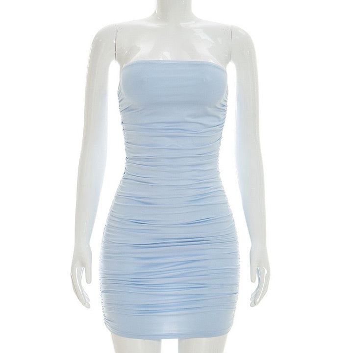Strapless ruched mini dress with a pleated chiffon overlay – Cassandra