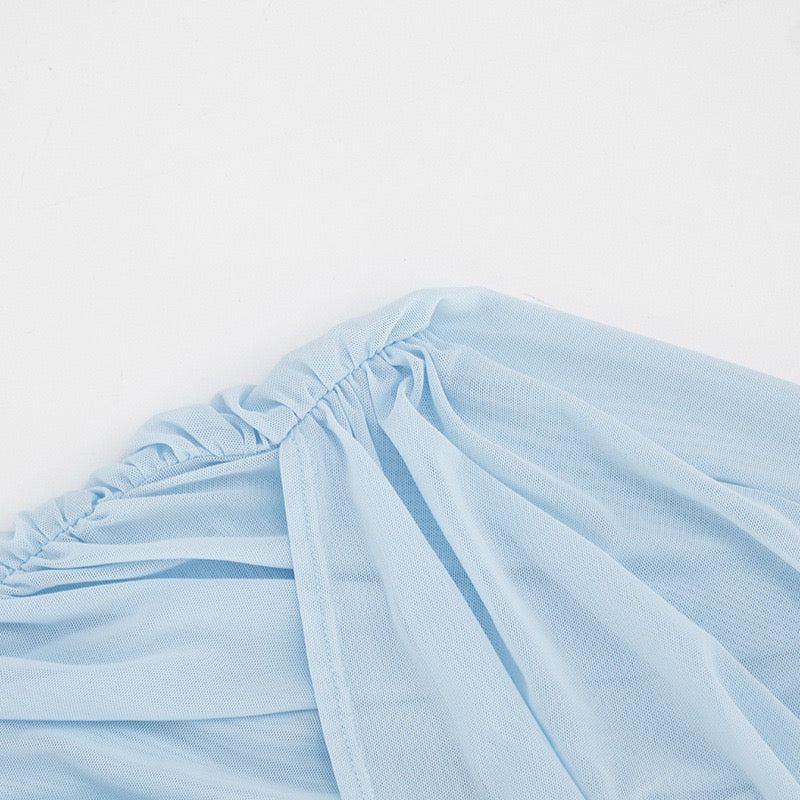 Strapless ruched mini dress with a pleated chiffon overlay – Cassandra