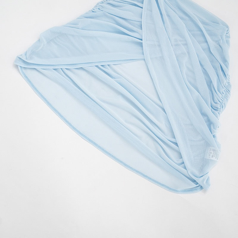 Strapless ruched mini dress with a pleated chiffon overlay – Cassandra