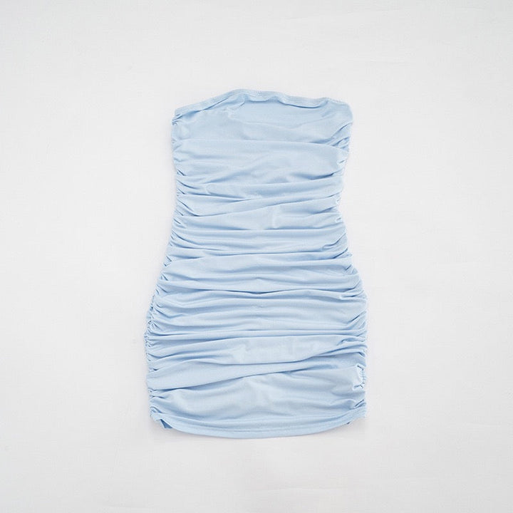 Strapless ruched mini dress with a pleated chiffon overlay – Cassandra