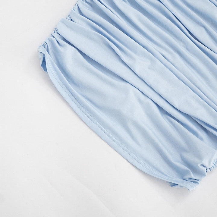 Strapless ruched mini dress with a pleated chiffon overlay – Cassandra