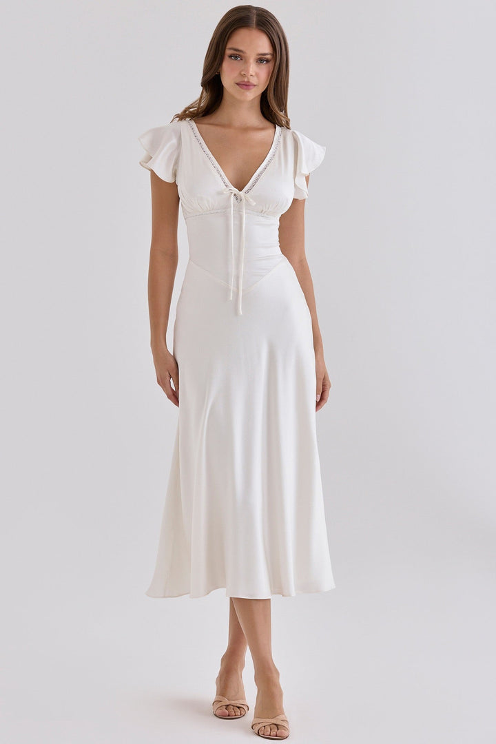 VERDELI satin babydoll midi dress with lace trim