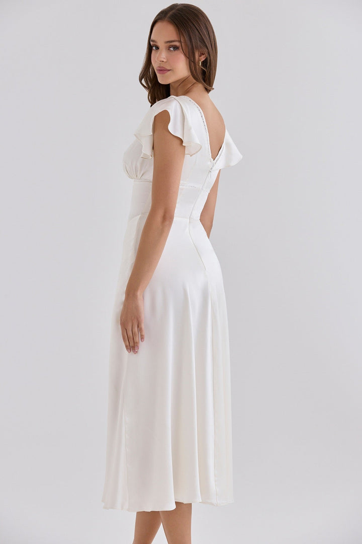 VERDELI satin babydoll midi dress with lace trim
