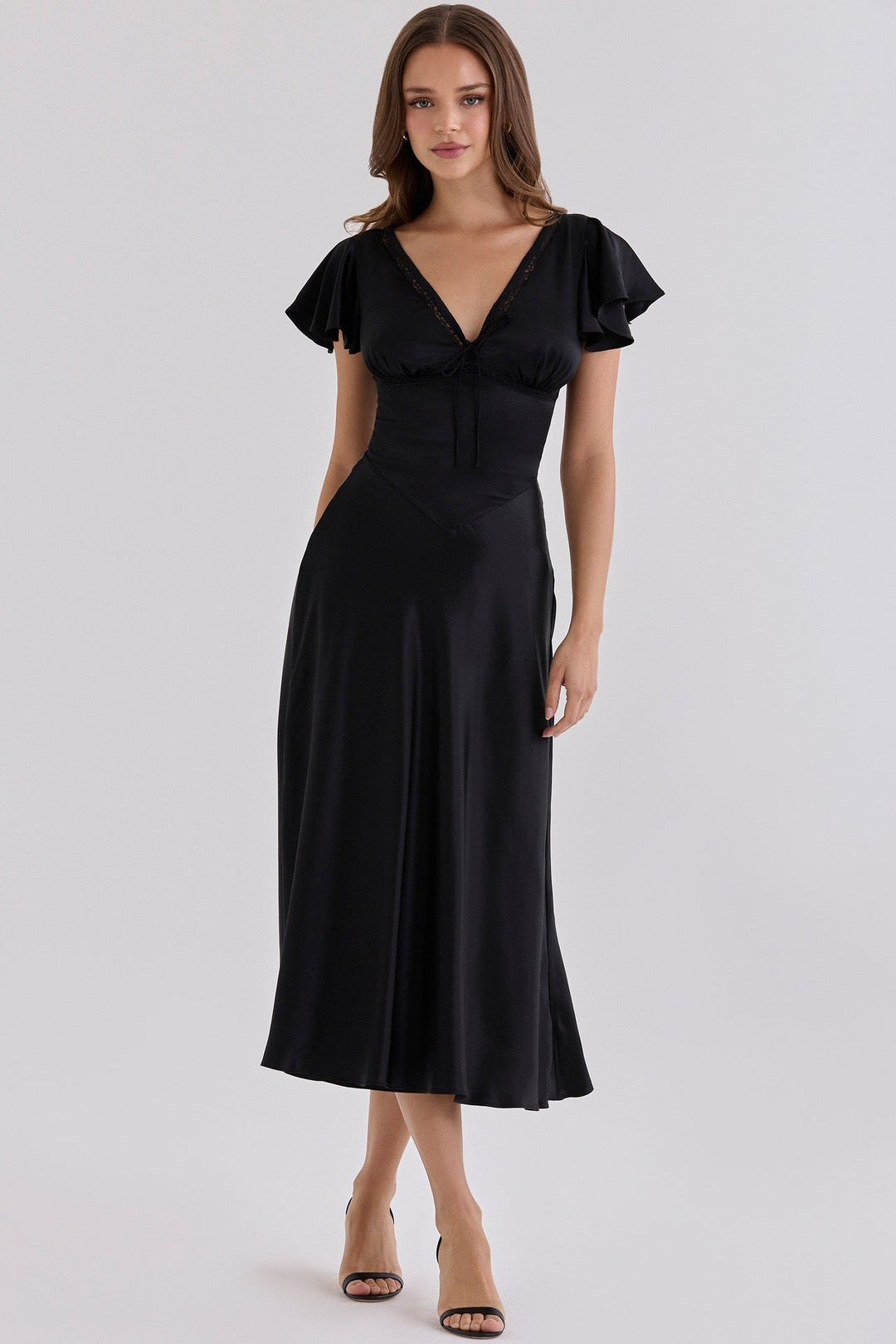 VERDELI satin babydoll midi dress with lace trim