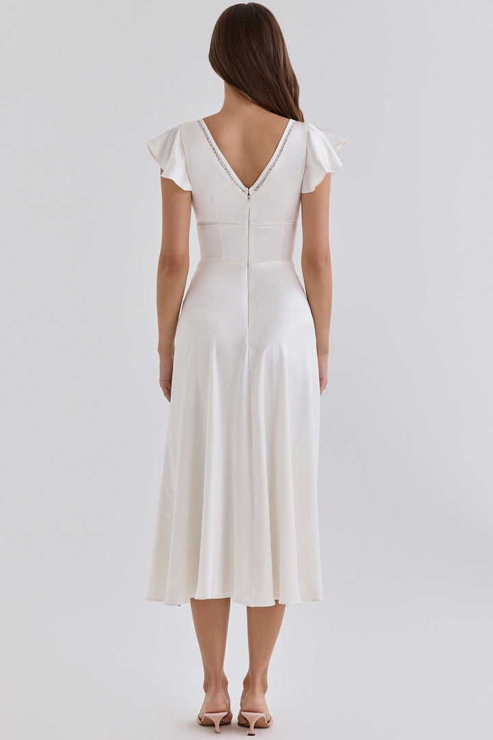 VERDELI satin babydoll midi dress with lace trim