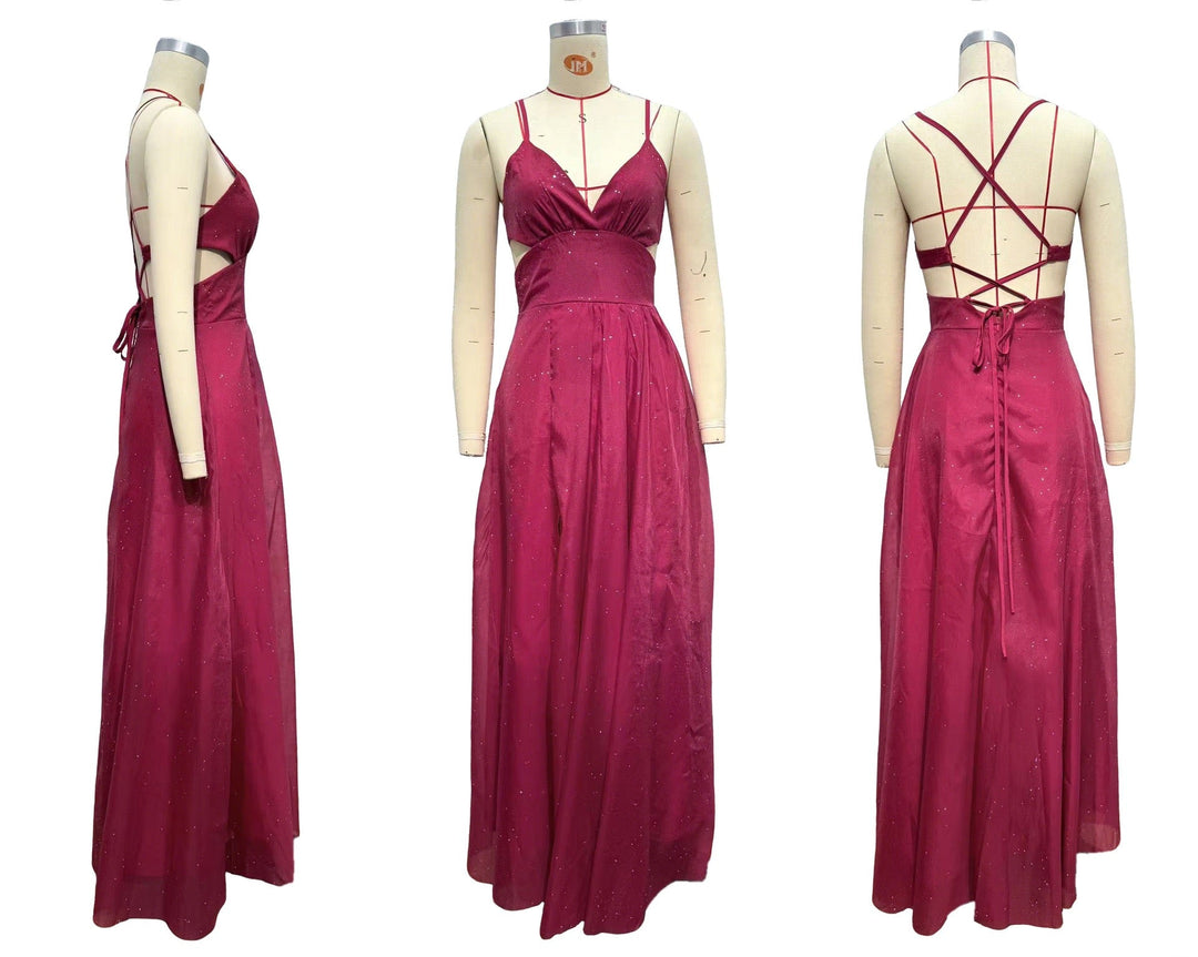 Sequin maxi dress with a slit and back ties for a fitted waist – LALIA