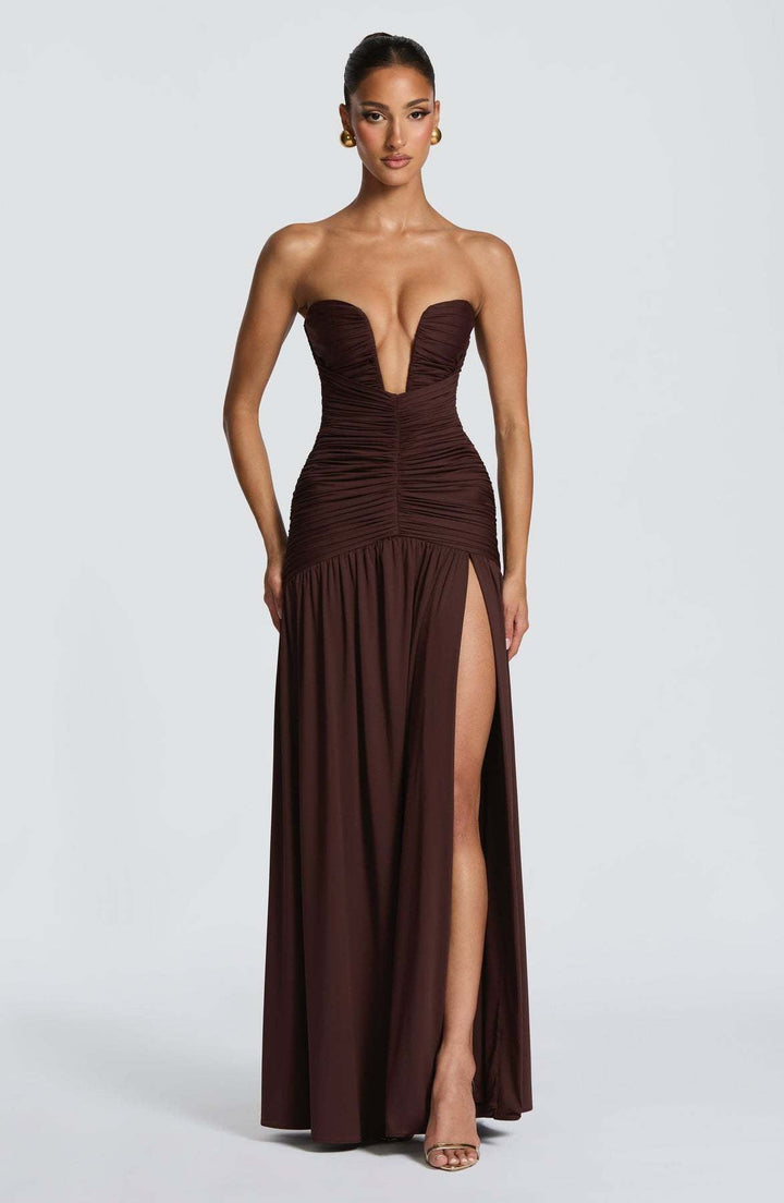 Strapless maxi dress with pleats and slit design - DORI