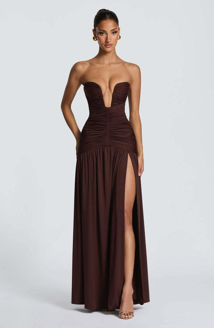 Strapless maxi dress with pleats and slit design - DORI