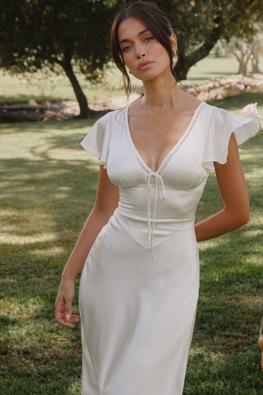 VERDELI satin babydoll midi dress with lace trim
