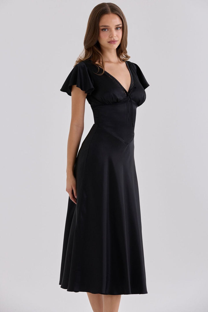 VERDELI satin babydoll midi dress with lace trim