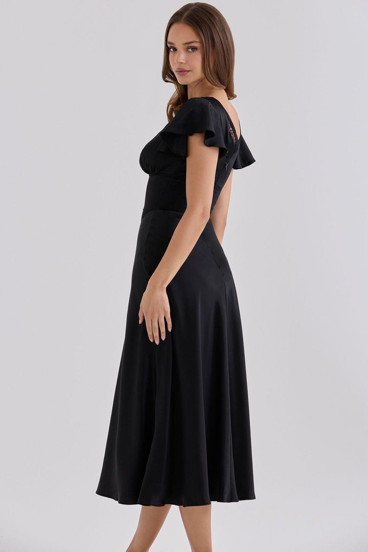 VERDELI satin babydoll midi dress with lace trim