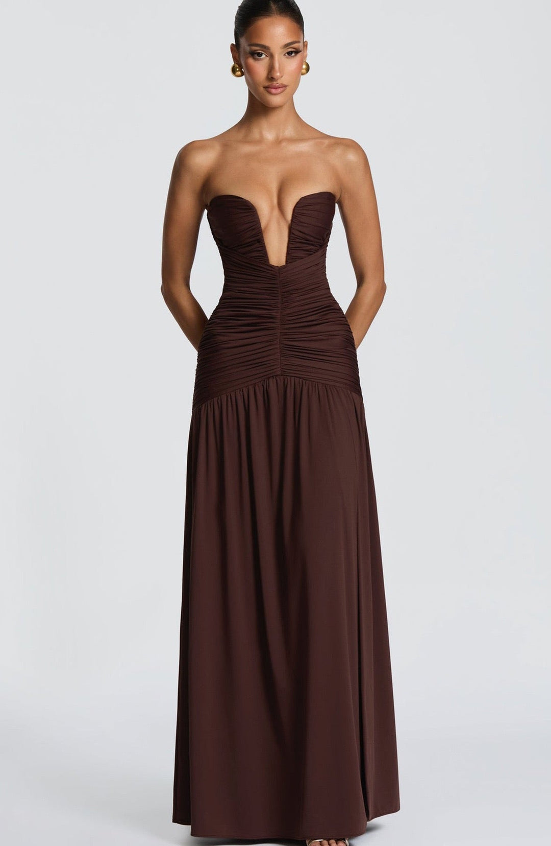 Strapless maxi dress with pleats and slit design - DORI