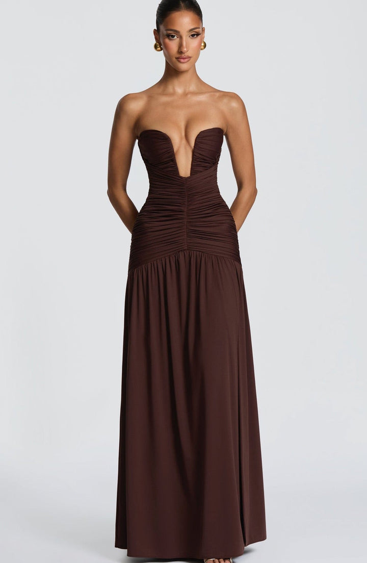 Strapless maxi dress with pleats and slit design - DORI