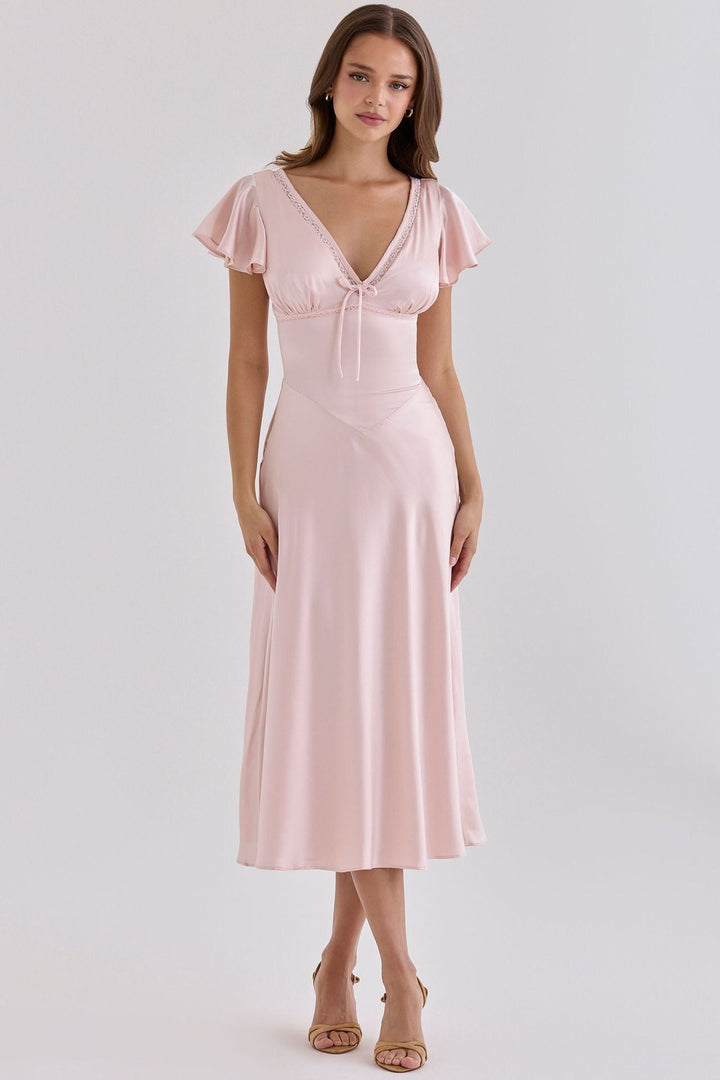 VERDELI satin babydoll midi dress with lace trim