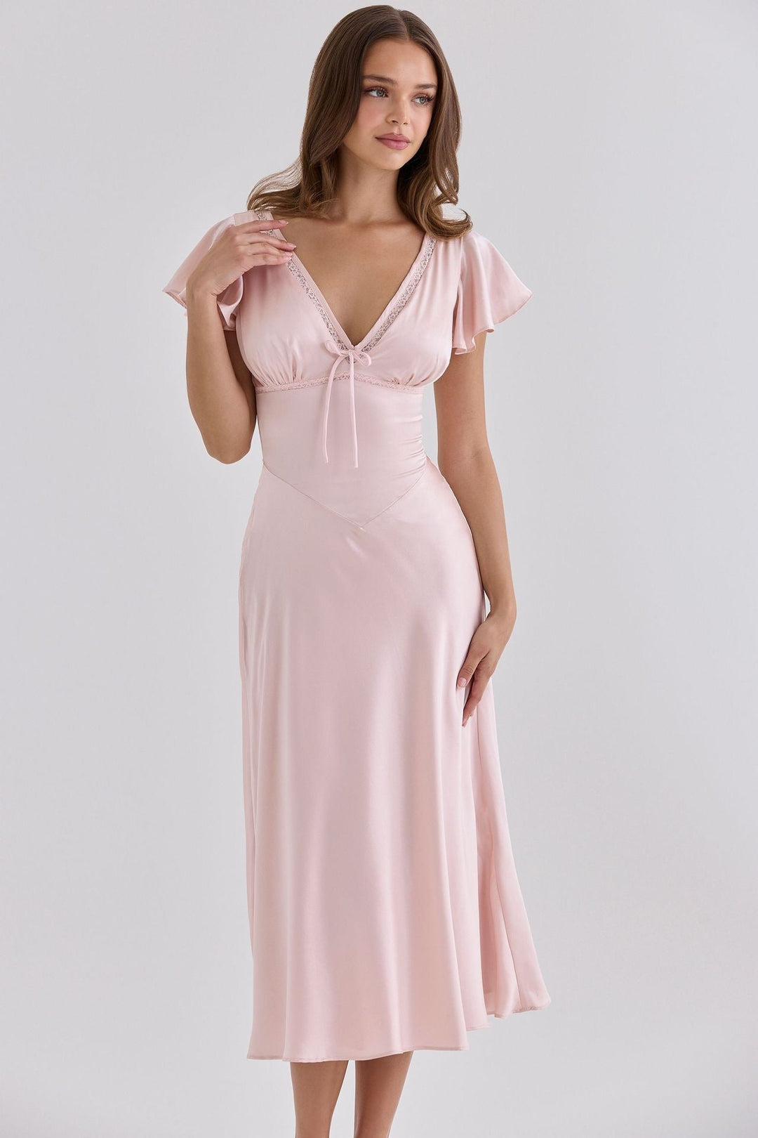 VERDELI satin babydoll midi dress with lace trim