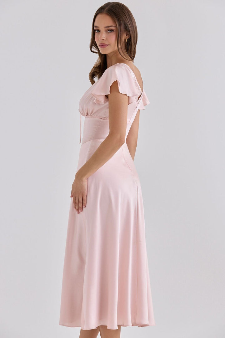 VERDELI satin babydoll midi dress with lace trim