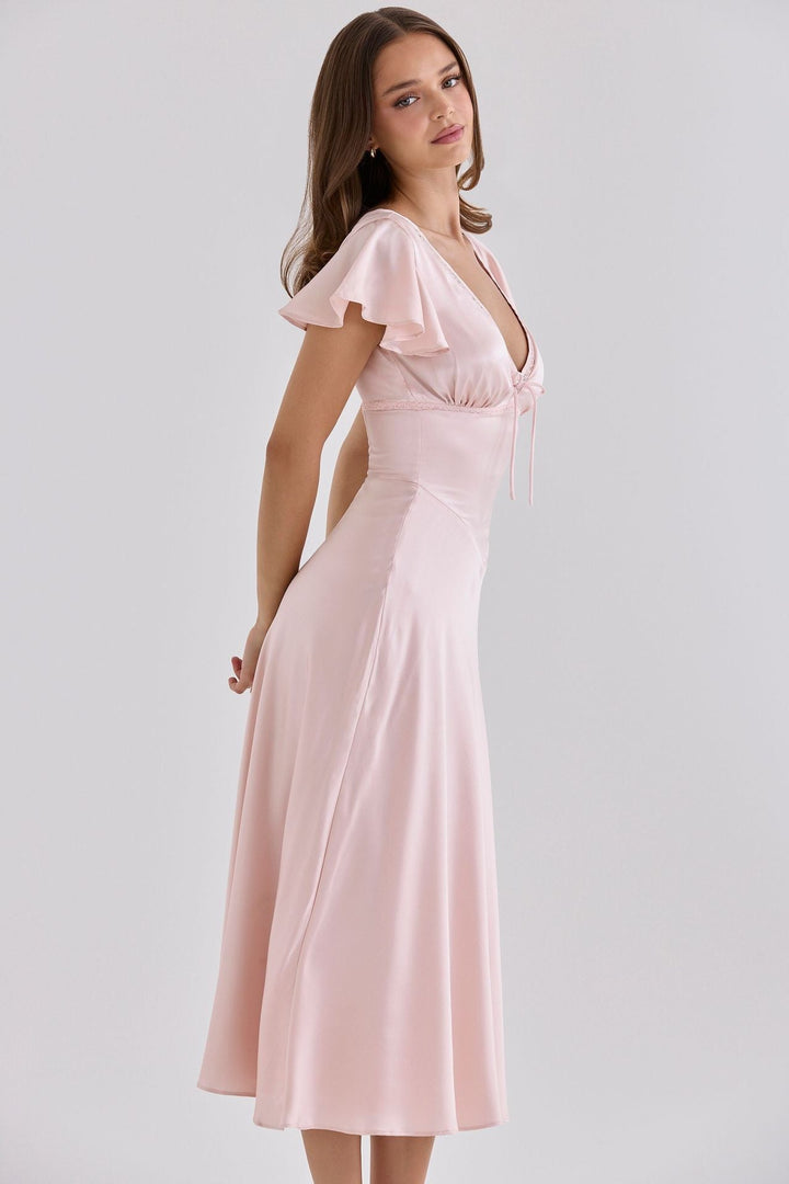 VERDELI satin babydoll midi dress with lace trim