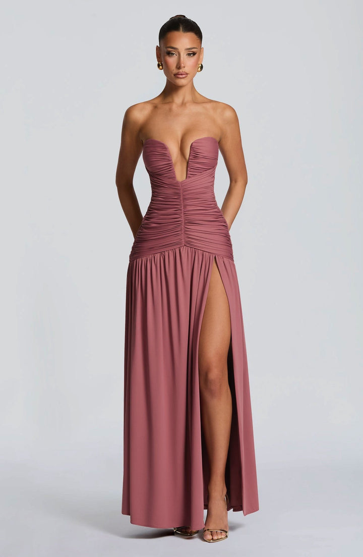 Strapless maxi dress with pleats and slit design - DORI