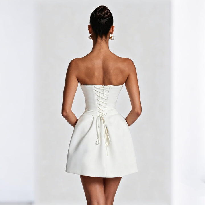 Jaylin strapless satin mini dress with a corset design