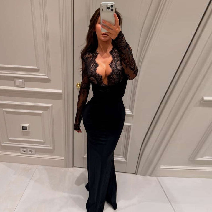 Maxi dress in a shapely fabric with a lace design - Iron