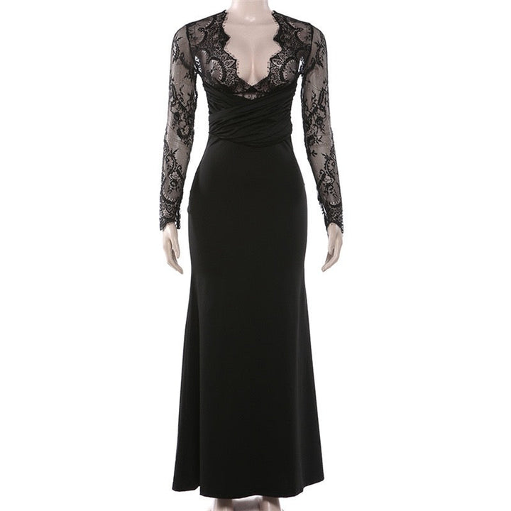 Maxi dress in a shapely fabric with a lace design - Iron
