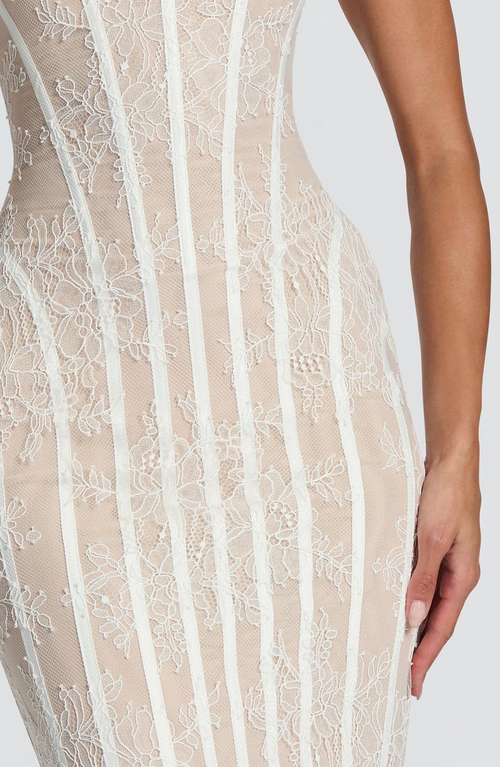TERNA lace maxi dress with a back tie and waist-cinching design
