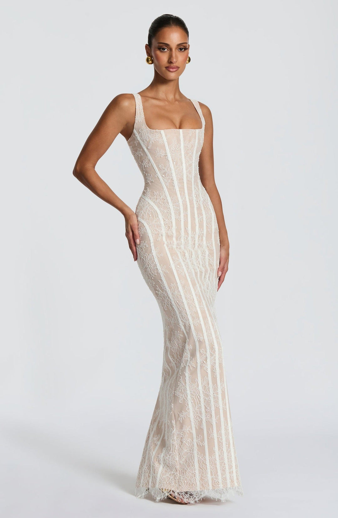 TERNA lace maxi dress with a back tie and waist-cinching design