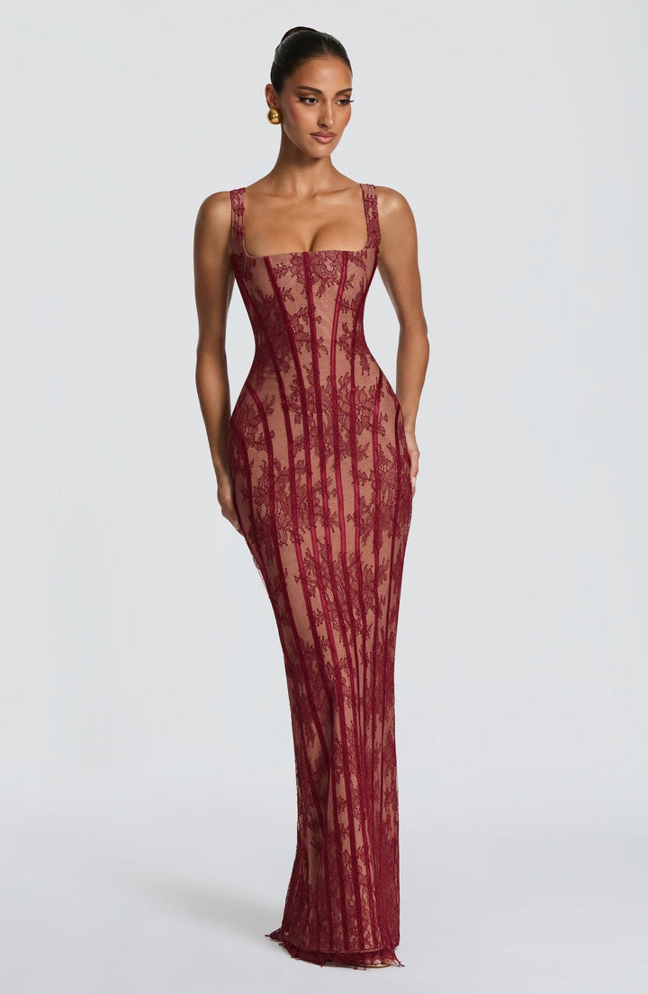 TERNA lace maxi dress with a back tie and waist-cinching design