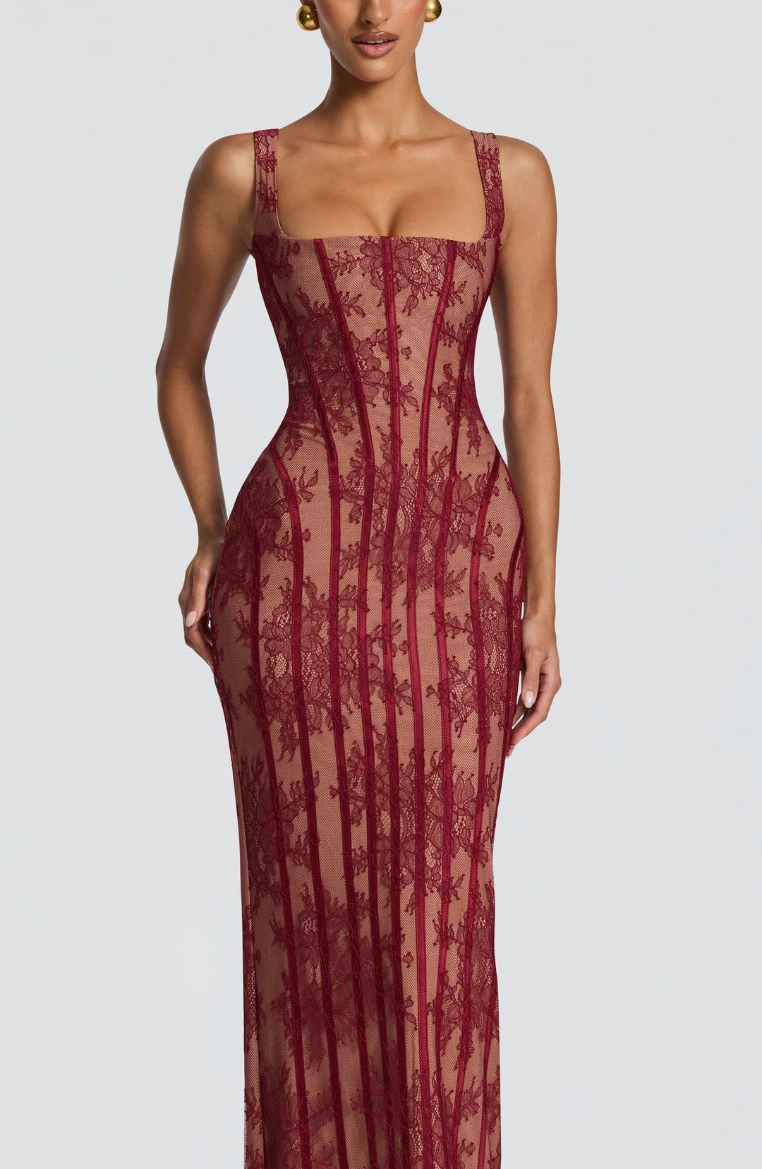 TERNA lace maxi dress with a back tie and waist-cinching design