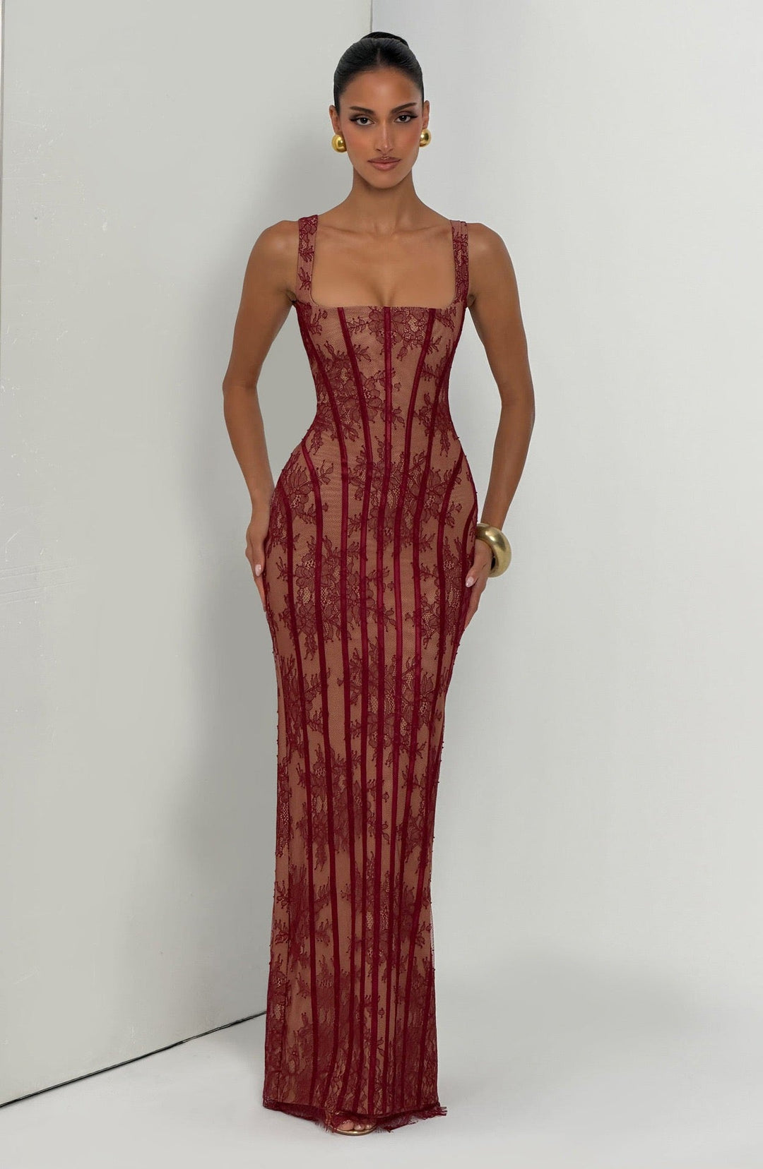 TERNA lace maxi dress with a back tie and waist-cinching design