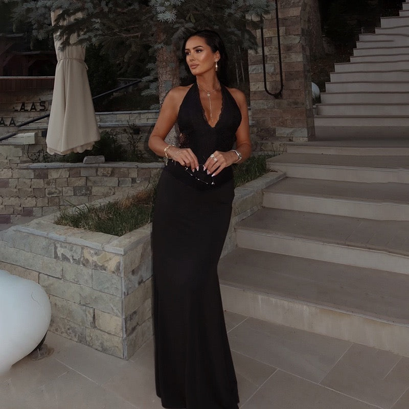 Maxi dress with lace trim and open back - ANEN