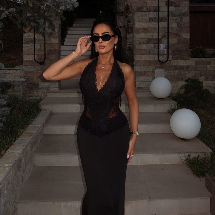 Maxi dress with lace trim and open back - ANEN