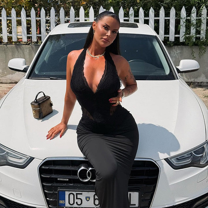 Maxi dress with lace trim and open back - ANEN