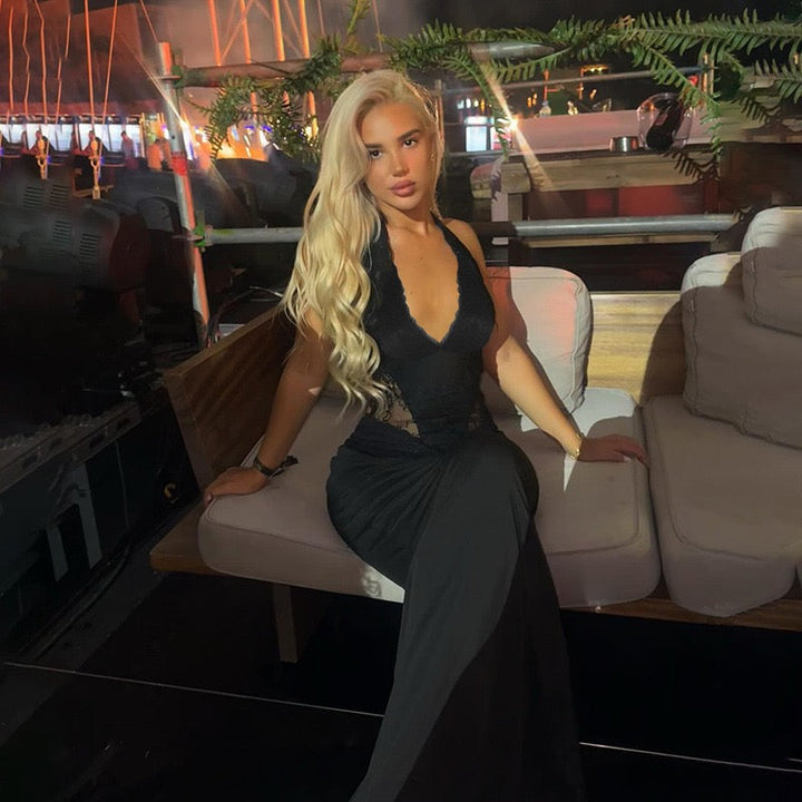 Maxi dress with lace trim and open back - ANEN