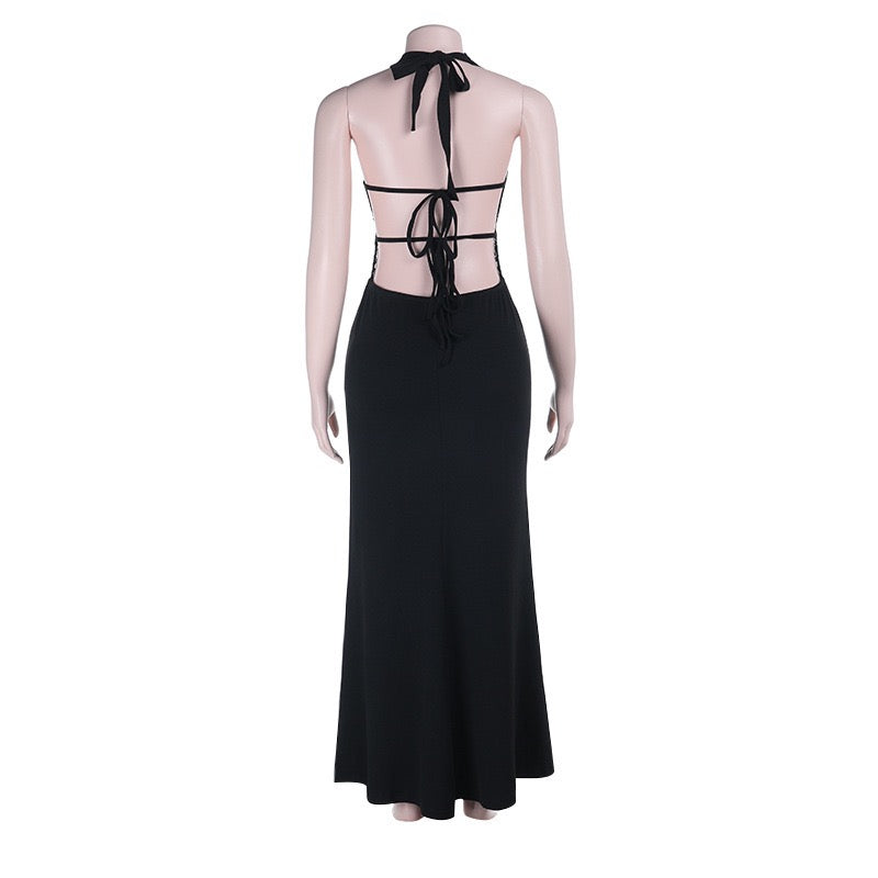 Maxi dress with lace trim and open back - ANEN