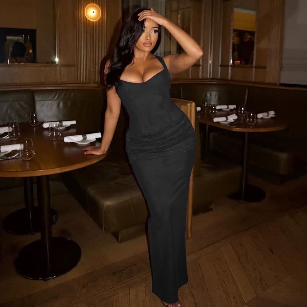 Tight maxi dress in shape-hugging fabric with lace pleats design - BAR