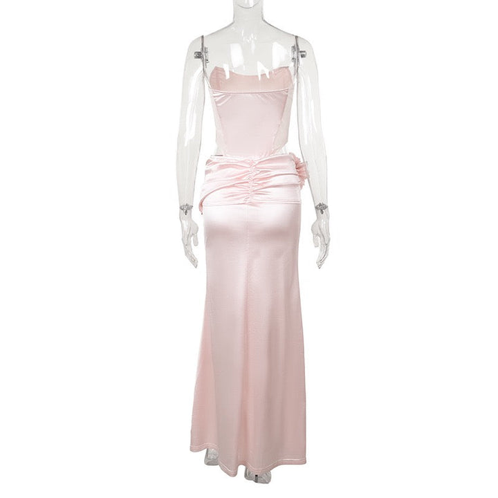 Strapless satin maxi dress with pleats and a slit design with a flower decoration - Joyce