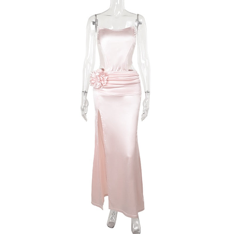 Strapless satin maxi dress with pleats and a slit design with a flower decoration - Joyce