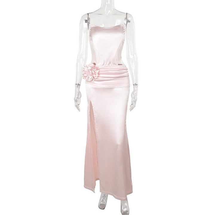 Strapless satin maxi dress with pleats and a slit design with a flower decoration - Joyce