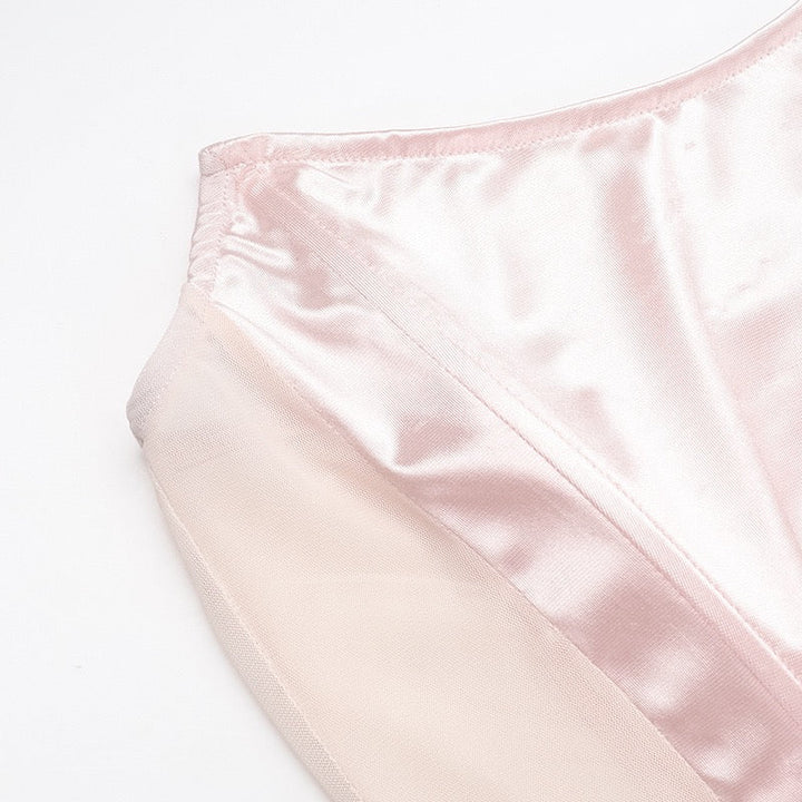 Strapless satin maxi dress with pleats and a slit design with a flower decoration - Joyce