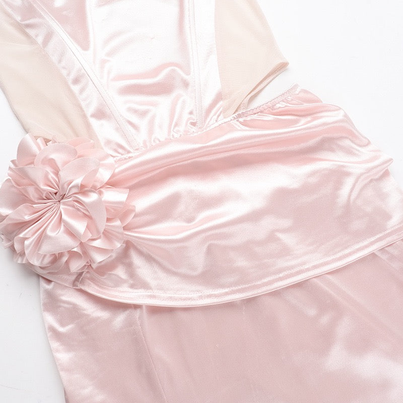 Strapless satin maxi dress with pleats and a slit design with a flower decoration - Joyce