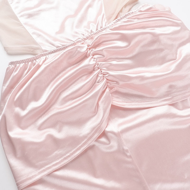 Strapless satin maxi dress with pleats and a slit design with a flower decoration - Joyce