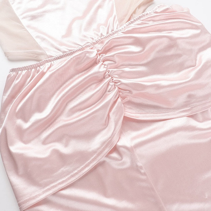 Strapless satin maxi dress with pleats and a slit design with a flower decoration - Joyce