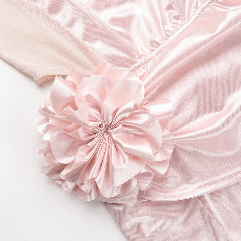 Strapless satin maxi dress with pleats and a slit design with a flower decoration - Joyce