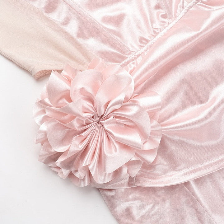 Strapless satin maxi dress with pleats and a slit design with a flower decoration - Joyce