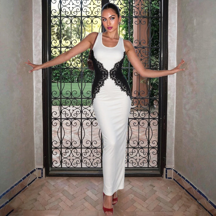 Elegant maxi dress with open back lace trim - CANDICE