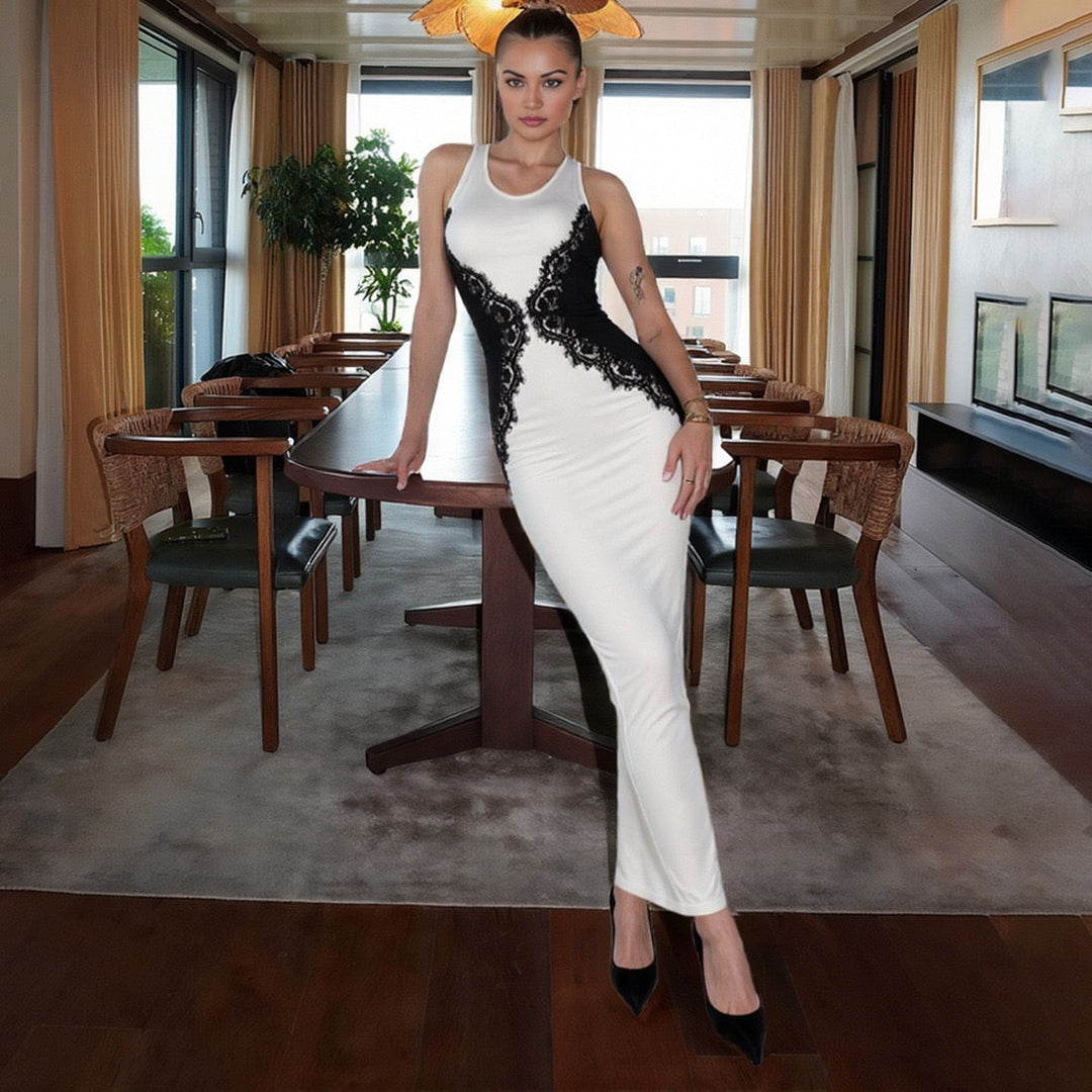 Elegant maxi dress with open back lace trim - CANDICE