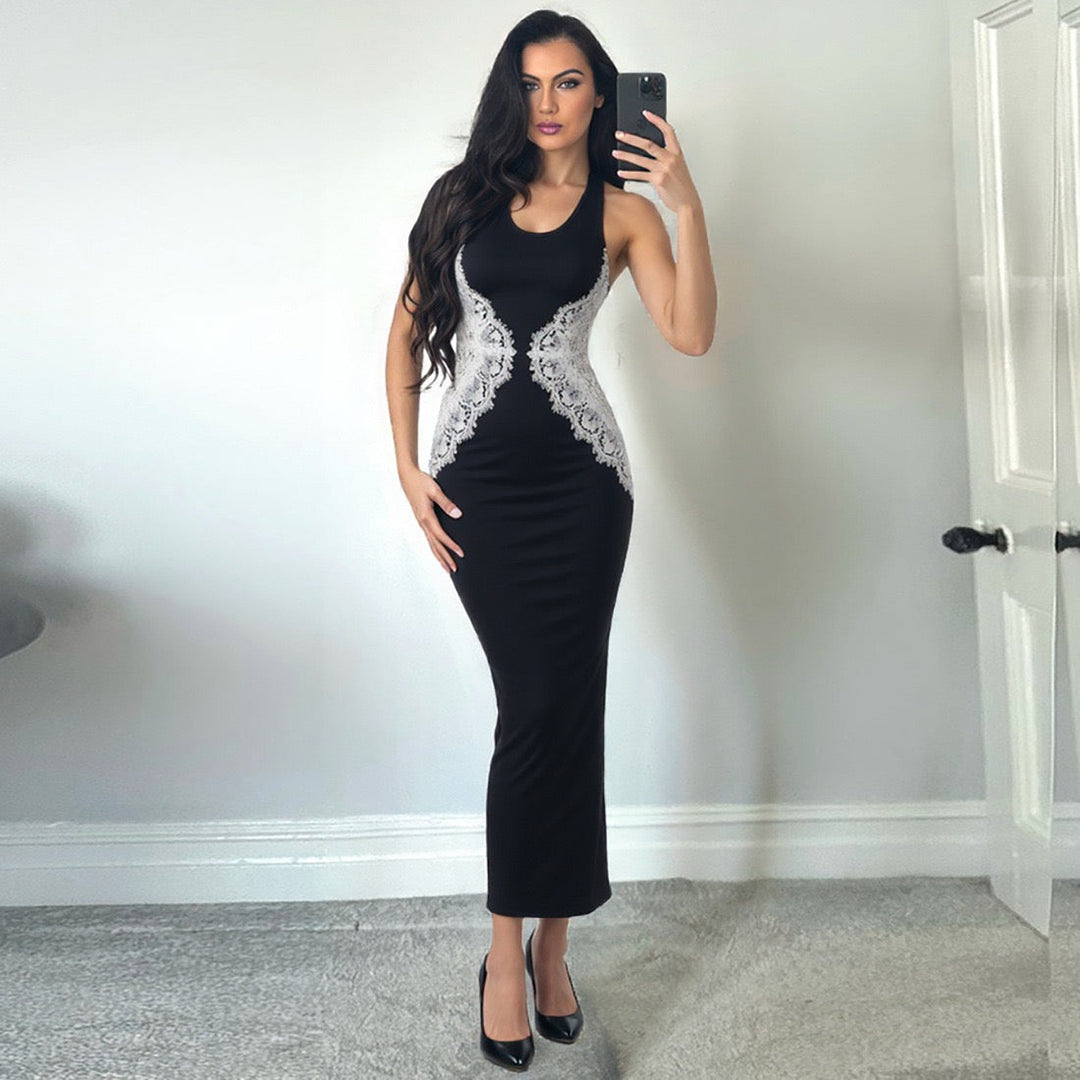 Elegant maxi dress with open back lace trim - CANDICE