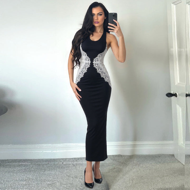 Elegant maxi dress with open back lace trim - CANDICE