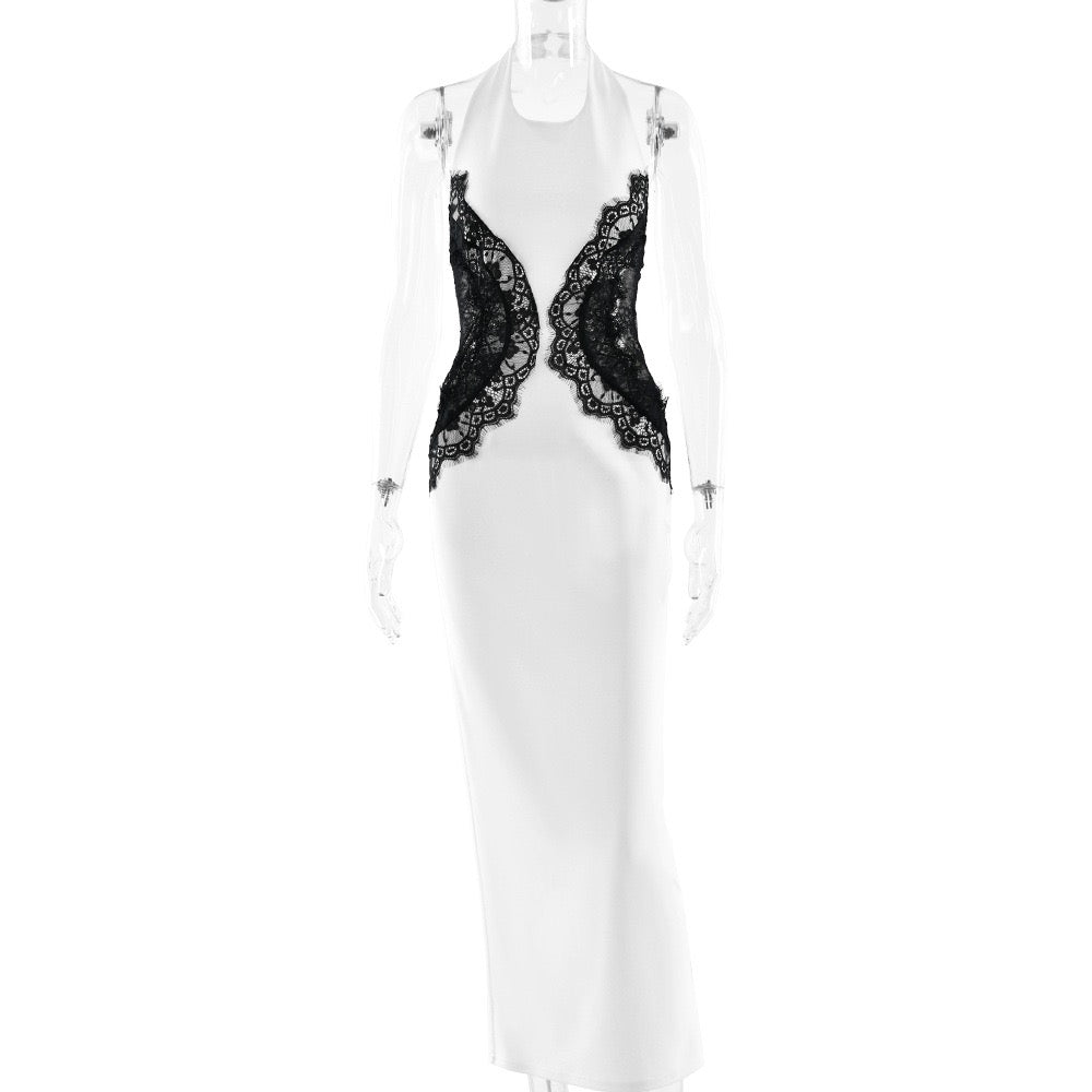 Elegant maxi dress with open back lace trim - CANDICE